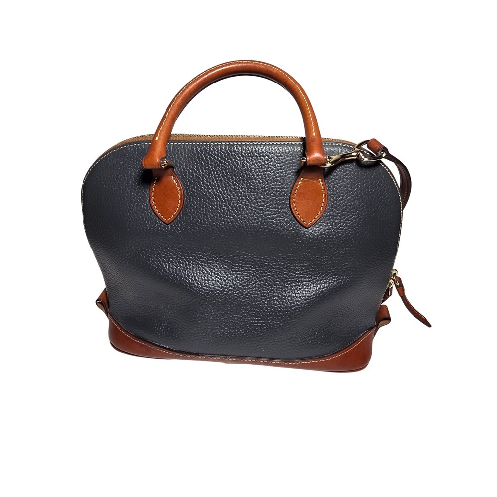 Dooney & Bourke Zip Zip Satchel‎ Navy Blue Pebbled Leather Tan Trim Dome Bag - Picture 2 of 13